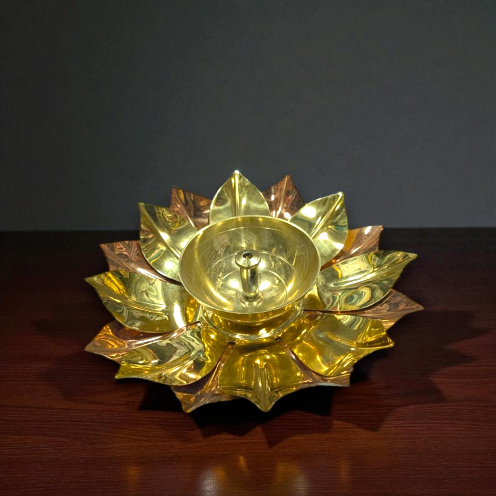 Copper gold toned lotus diya 6 inch for pooja and festive decoration