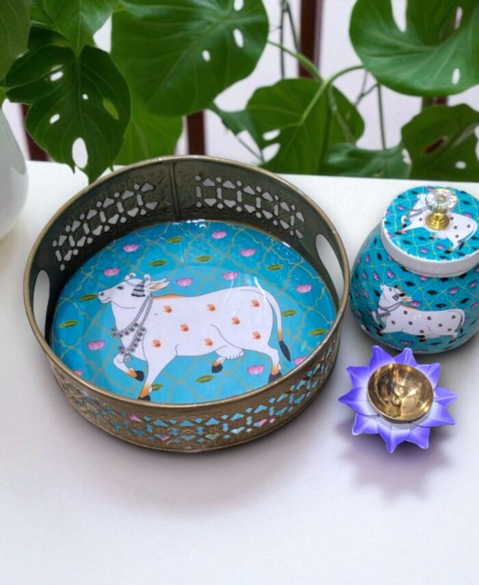 Cow Design Pichwai Tray with Decorative Jar and Diya for Pooja and Home Décor