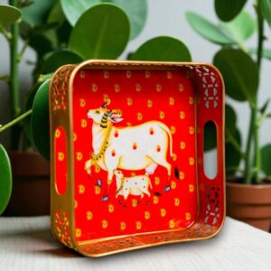 Metal Pichwai Tray 6 Inch with Traditional Print for Return Gift & Home Décor