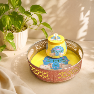 return gift combo, yellow cow printed pichwai tray, pichwai tray with jar, traditional return gifts, wedding favors, baby shower return gifts, housewarming gifts, corporate gifting, festive pooja gifts, Magizhchi gift shop, OmDecors return gifts