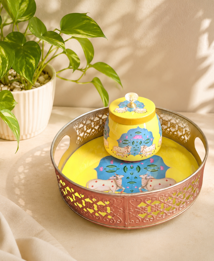 return gift combo, yellow cow printed pichwai tray, pichwai tray with jar, traditional return gifts, wedding favors, baby shower return gifts, housewarming gifts, corporate gifting, festive pooja gifts, Magizhchi gift shop, OmDecors return gifts