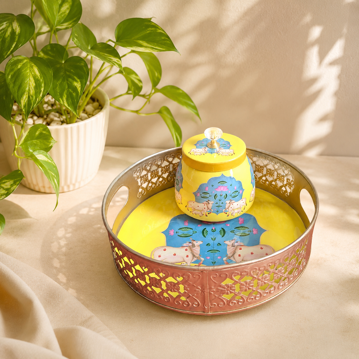 return gift combo, yellow cow printed pichwai tray, pichwai tray with jar, traditional return gifts, wedding favors, baby shower return gifts, housewarming gifts, corporate gifting, festive pooja gifts, Magizhchi gift shop, OmDecors return gifts