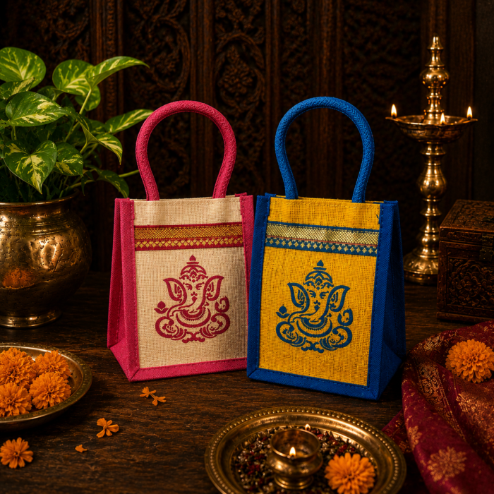 God Ganesh printed eco-friendly jute bag for return gifts and home décor