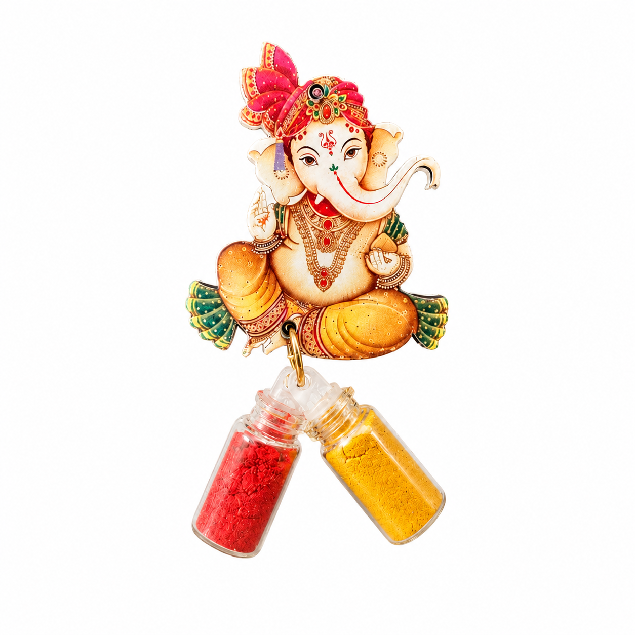 Beautiful Vinayager fridge magnet with haldi kumkum bottles – traditional return gift for weddings, housewarming, and pooja décor