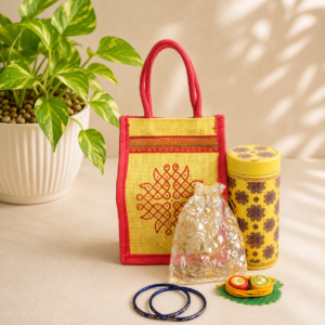 Return Gift Combo Set – Jute Bag, Airtight Tin 6 Inch, Golden Potli, Bangles, Leaf Mangalya Thread with Haldi Kumkum (MOQ 20 sets)