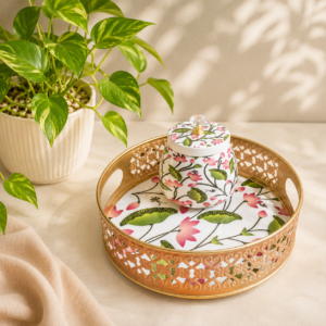 Return Gift Combo – White Pichwai Floral Design Metal Tray with Metal Jar (MOQ 20 sets)