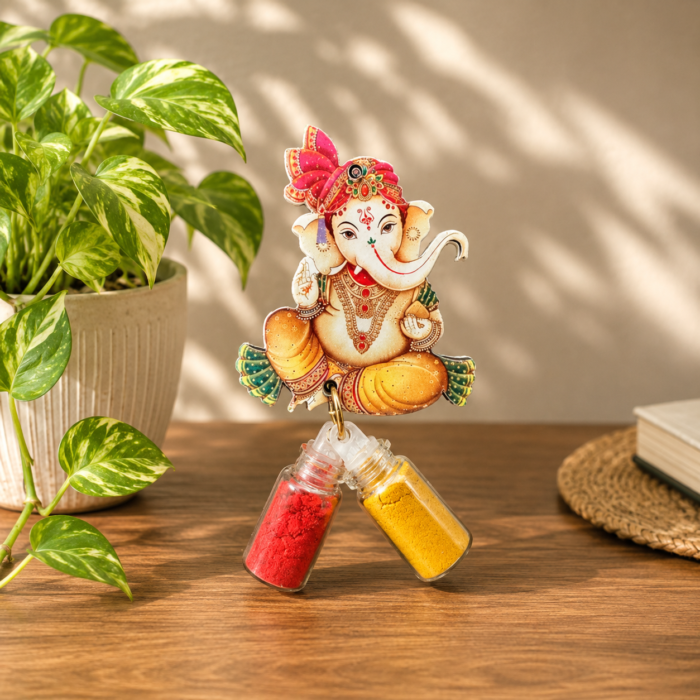Beautiful Vinayager fridge magnet with haldi kumkum bottles – traditional return gift for weddings, housewarming, and pooja décor