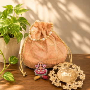 Return Gift Combo – 3 Silk Potli Bags, Metal Rose Urli 4.5 Inch, Fridge Magnet with Haldi Kumkum Bottles (MOQ 20 sets)