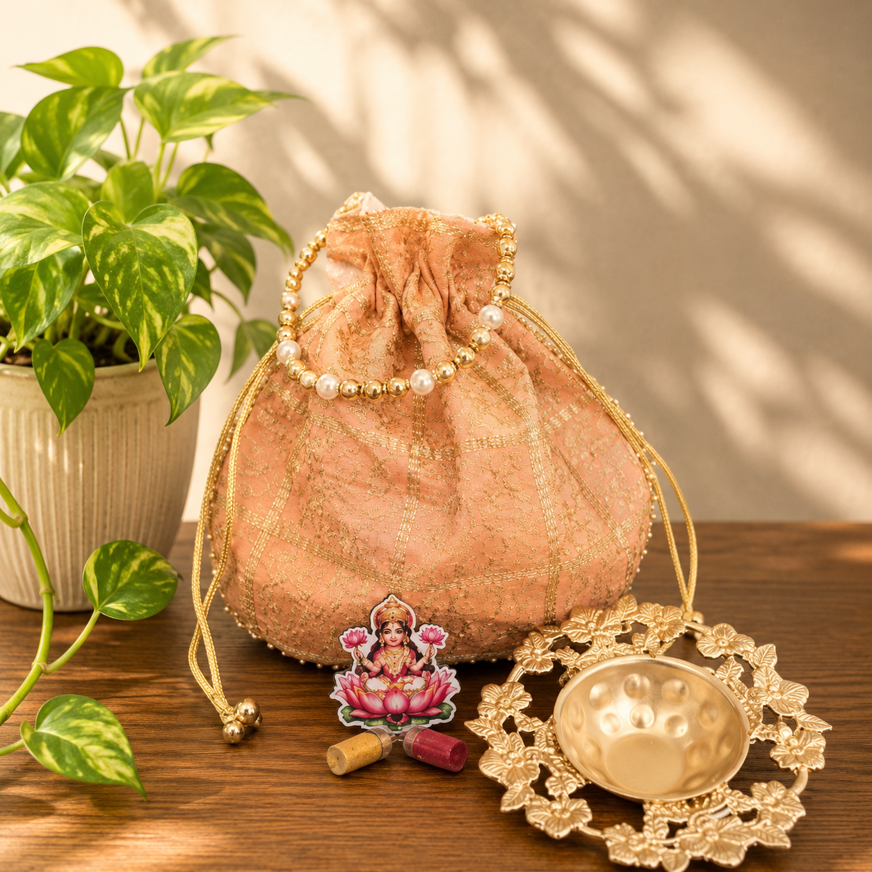 Return Gift Combo – 3 Silk Potli Bags, Metal Rose Urli 4.5 Inch, Fridge Magnet with Haldi Kumkum Bottles (MOQ 20 sets)