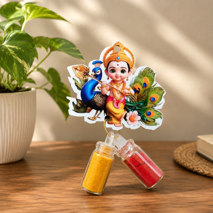 Beautiful God Murugar fridge magnet with haldi kumkum bottles – perfect Indian return gift for weddings, pooja décor, and festive gifting.
