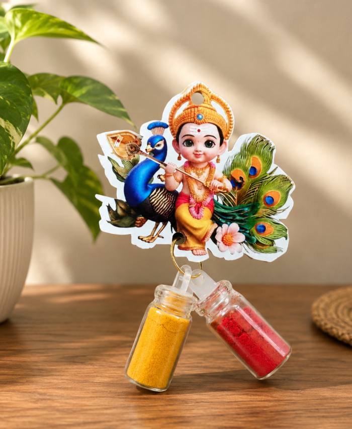 Beautiful God Murugar fridge magnet with haldi kumkum bottles – perfect Indian return gift for weddings, pooja décor, and festive gifting.