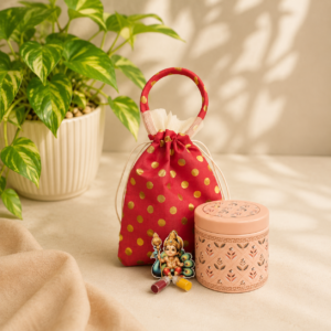Return Gift Combo – 3 Potli Bags, 3 Inch Airtight Tin, Fridge Magnet with Haldi Kumkum Bottles (MOQ 20 sets)
