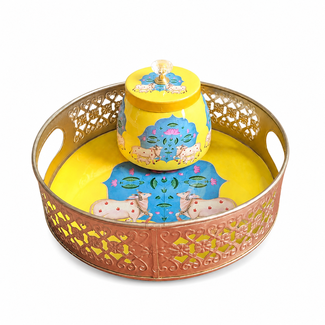return gift combo, yellow cow printed pichwai tray, pichwai tray with jar, traditional return gifts, wedding favors, baby shower return gifts, housewarming gifts, corporate gifting, festive pooja gifts, Magizhchi gift shop, OmDecors return gifts