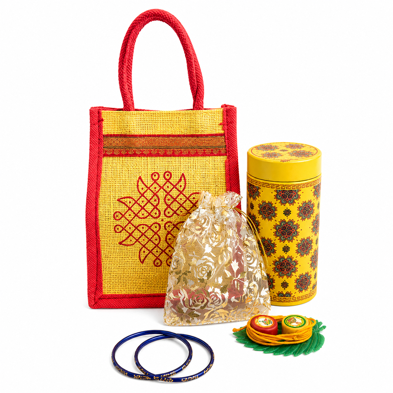 Return Gift Combo Set – Jute Bag, Airtight Tin 6 Inch, Golden Potli, Bangles, Leaf Mangalya Thread with Haldi Kumkum (MOQ 20 sets)
