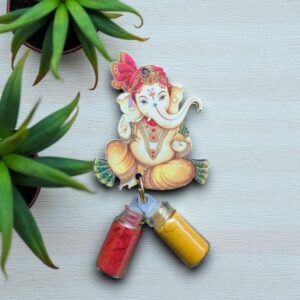 Beautiful Vinayager fridge magnet with haldi kumkum bottles – traditional return gift for weddings, housewarming, and pooja décor