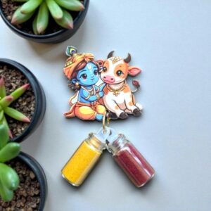 Beautiful Little Krishna with calf fridge magnet and haldi kumkum bottles – traditional Indian return gift for weddings, festivals, and pooja décor