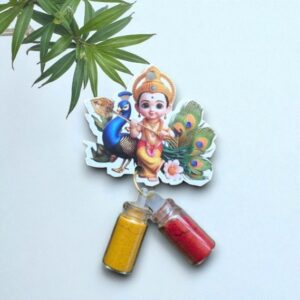 Beautiful God Murugar fridge magnet with haldi kumkum bottles – perfect Indian return gift for weddings, pooja décor, and festive gifting.