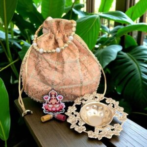 Return Gift Combo – 3 Silk Potli Bags, Metal Rose Urli 4.5 Inch, Fridge Magnet with Haldi Kumkum Bottles (MOQ 20 sets)