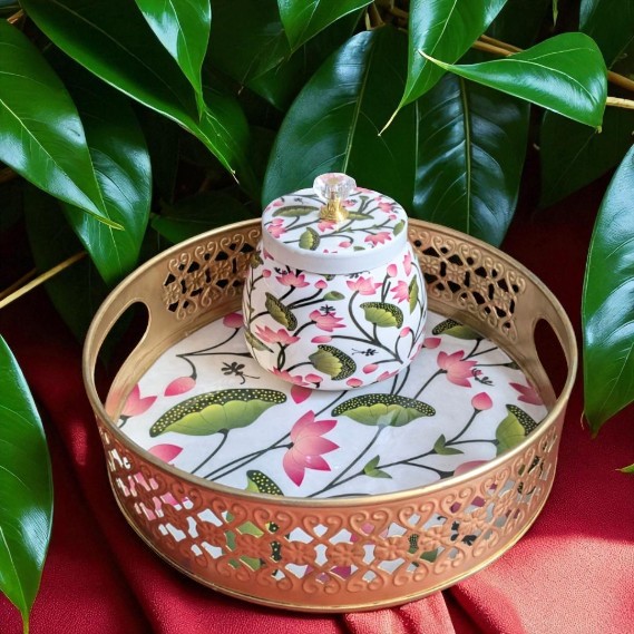 Return Gift Combo – White Pichwai Floral Design Metal Tray with Metal Jar (MOQ 20 sets)