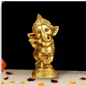 Handcrafted Brass Dancing Ganesha with Flute – Religious Idol for Home and Office Temple Décor