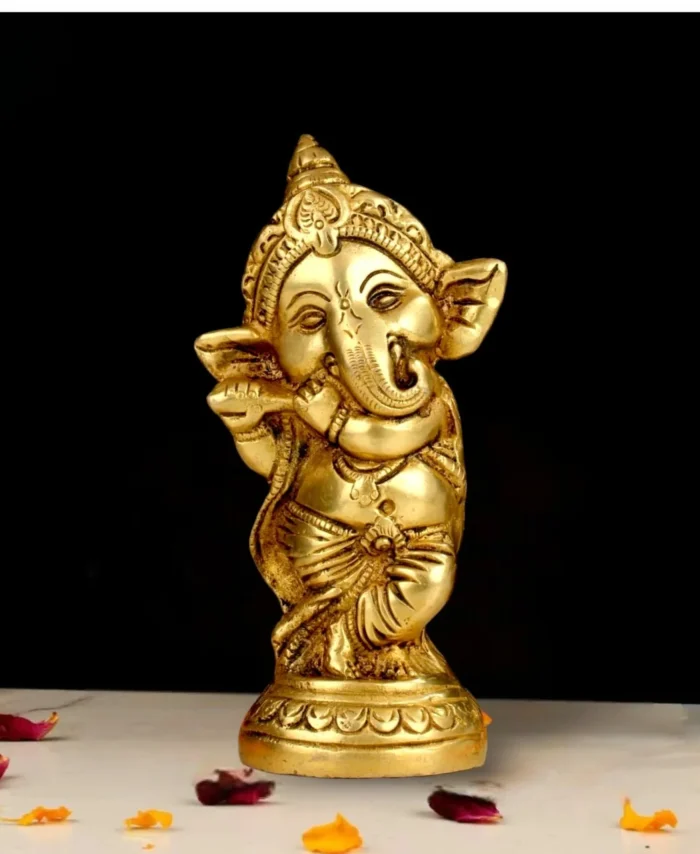Handcrafted Brass Dancing Ganesha with Flute – Religious Idol for Home and Office Temple Décor