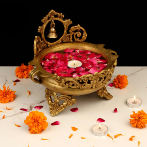 8 inch brass urli bell bowl for floating flowers and candles for pooja and home decor