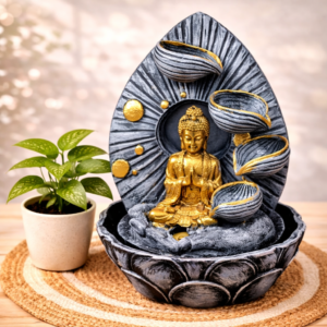 Buddha water fountain with LED light for home decor and spiritual ambiance