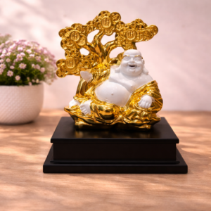 White and golden laughing Buddha statue for home decor and vastu gift