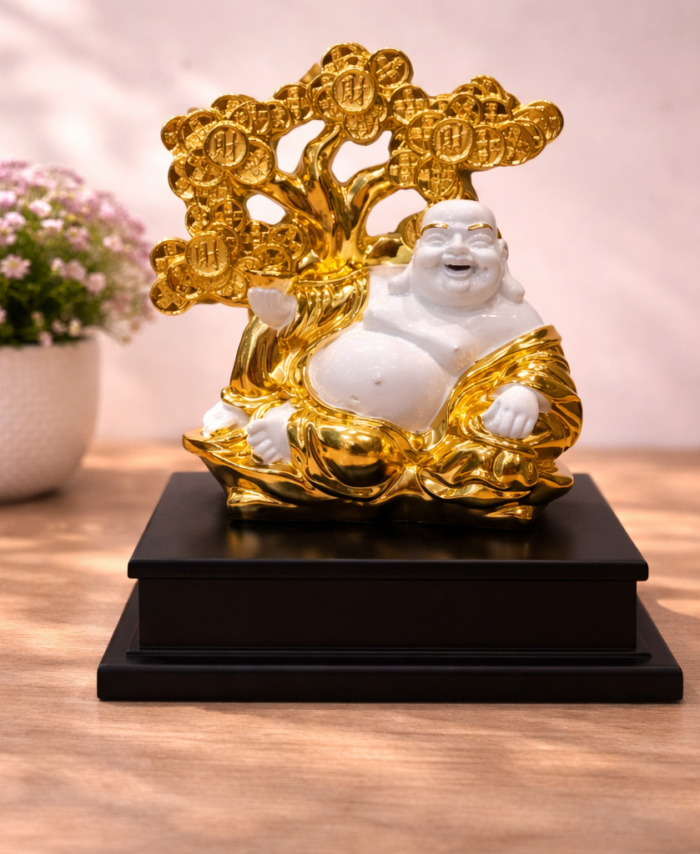 White and golden laughing Buddha statue for home decor and vastu gift