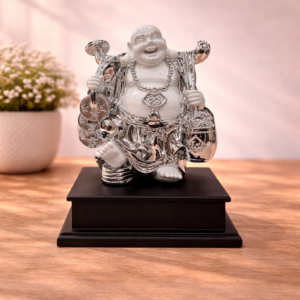White silver laughing Buddha idol for home decor and vastu prosperity showpiece