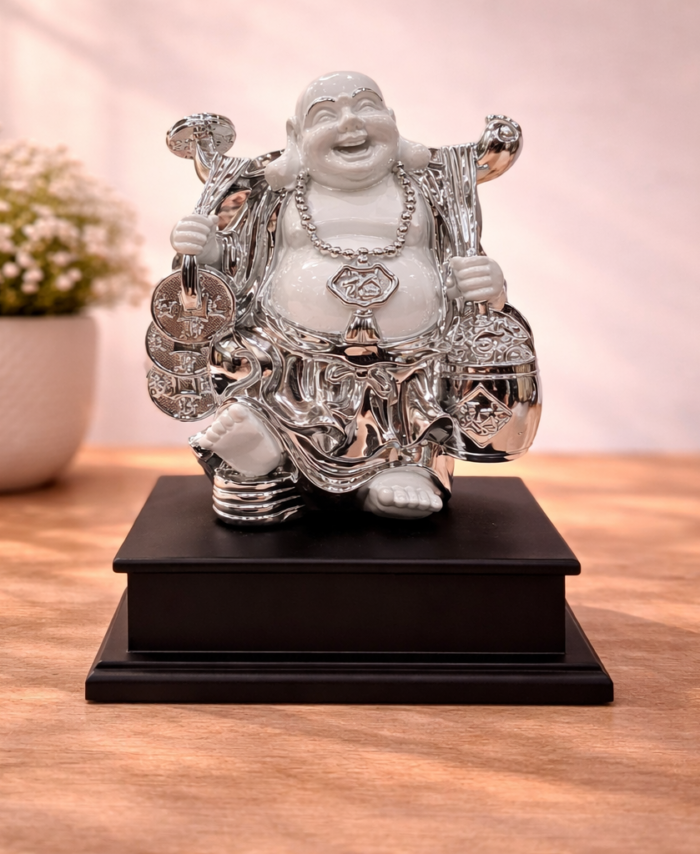 White silver laughing Buddha idol for home decor and vastu prosperity showpiece