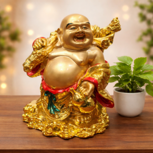 Golden laughing Buddha idol for home decor and vastu prosperity showpiece