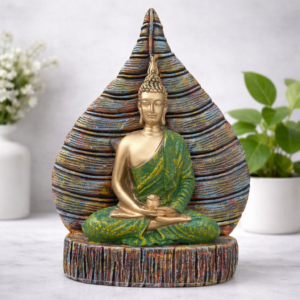 green buddha idol, leaf buddha statue, buddha home decor, green buddha decor, vastu buddha idol, meditation buddha statue, spiritual decor india, buddha gift item, resin buddha statue, modern home decor showpiece, housewarming gifts india, office desk decor
