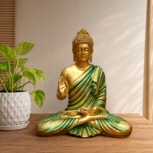 Golden green Buddha idol for home decor and gifting spiritual statue