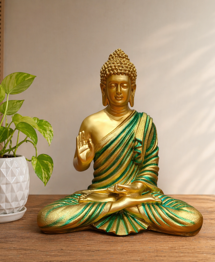 Golden green Buddha idol for home decor and gifting spiritual statue
