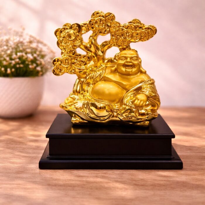 Yellow and golden laughing Buddha idol for home decor prosperity wealth vastu statue gift