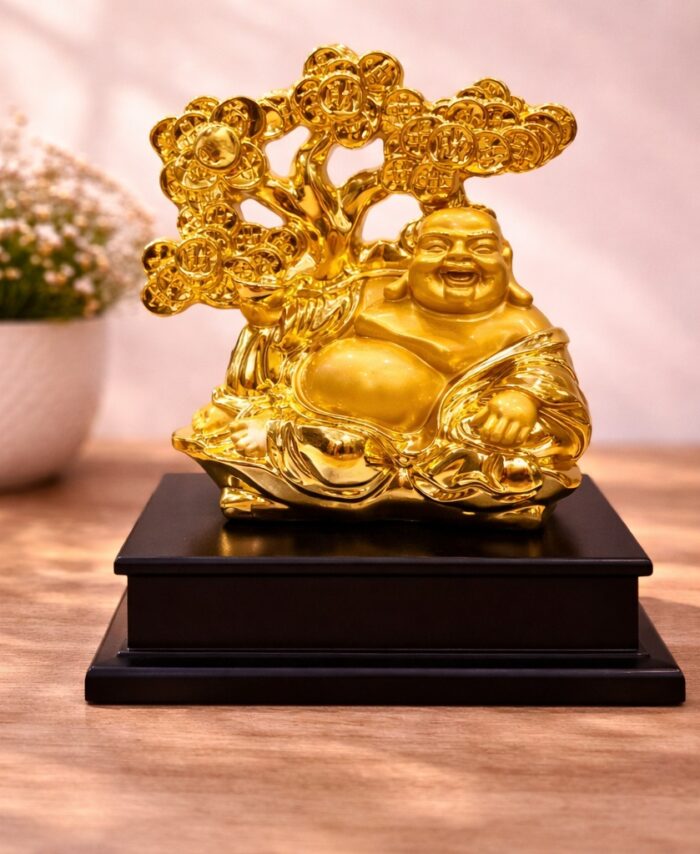 Yellow and golden laughing Buddha idol for home decor prosperity wealth vastu statue gift