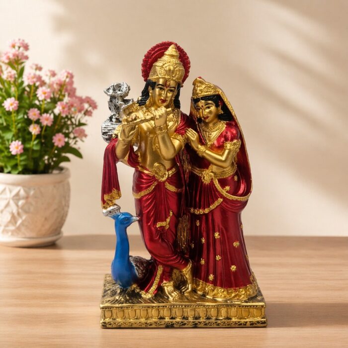 Golden red Radha Krishna idol for home decor pooja vastu divine couple statue gift