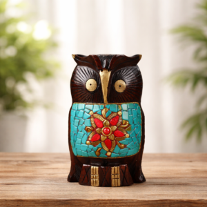 Wooden owl gemstone table decor vastu lucky owl showpiece for home and office