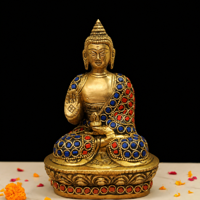 Brass Stone Work Buddha Idol Sitting for Spiritual Home Decor