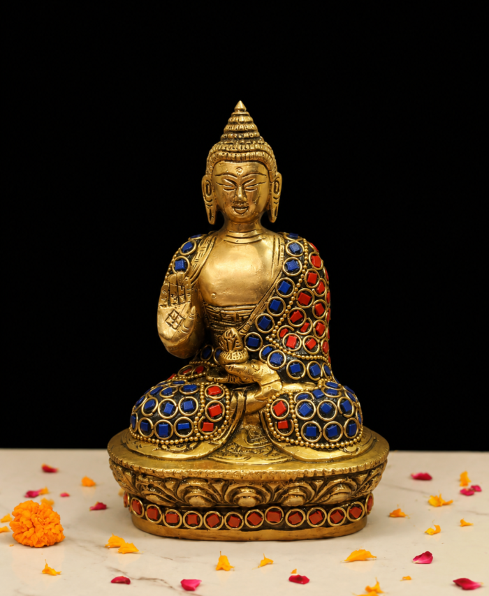 Brass Stone Work Buddha Idol Sitting for Spiritual Home Decor