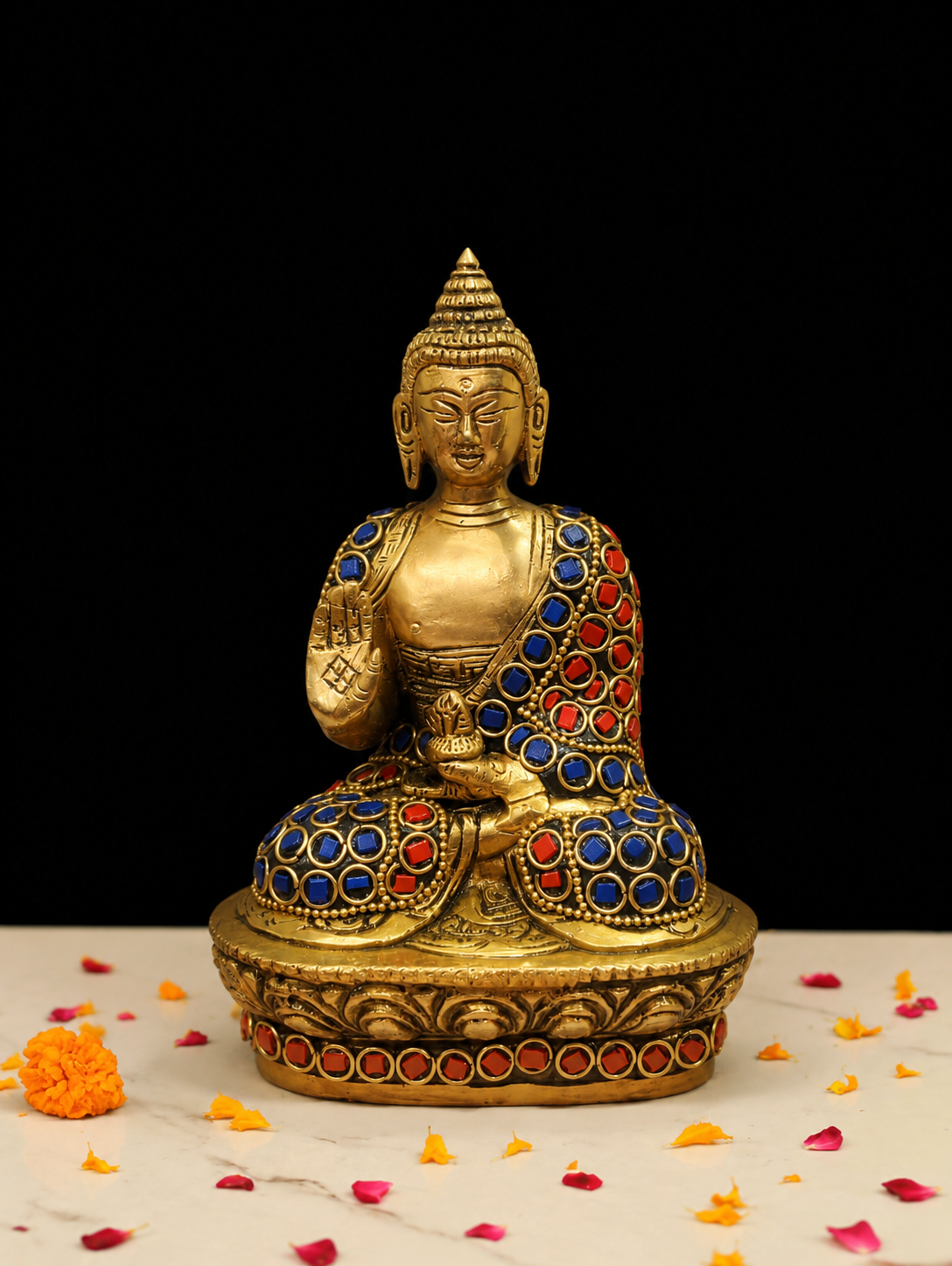 Brass Stone Work Buddha Idol Sitting for Spiritual Home Decor