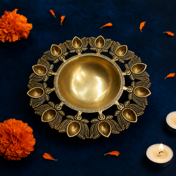 Brass lotus urli with diya lamp for home decor and pooja