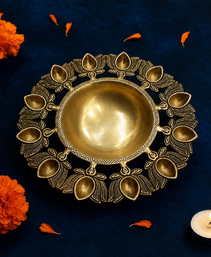 Brass lotus urli with diya lamp for home decor and pooja