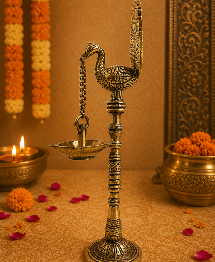 Brass Peacock Lamp traditional diya for pooja room and home decor