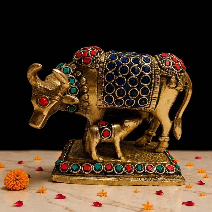 Brass stone studded cow idol for home decor and gifting