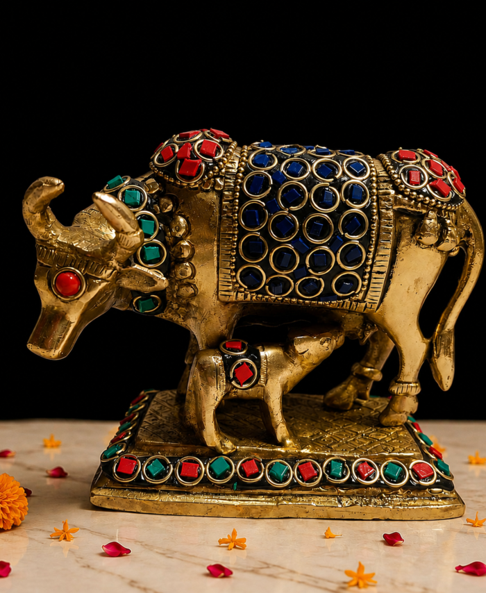 Brass stone studded cow idol for home decor and gifting
