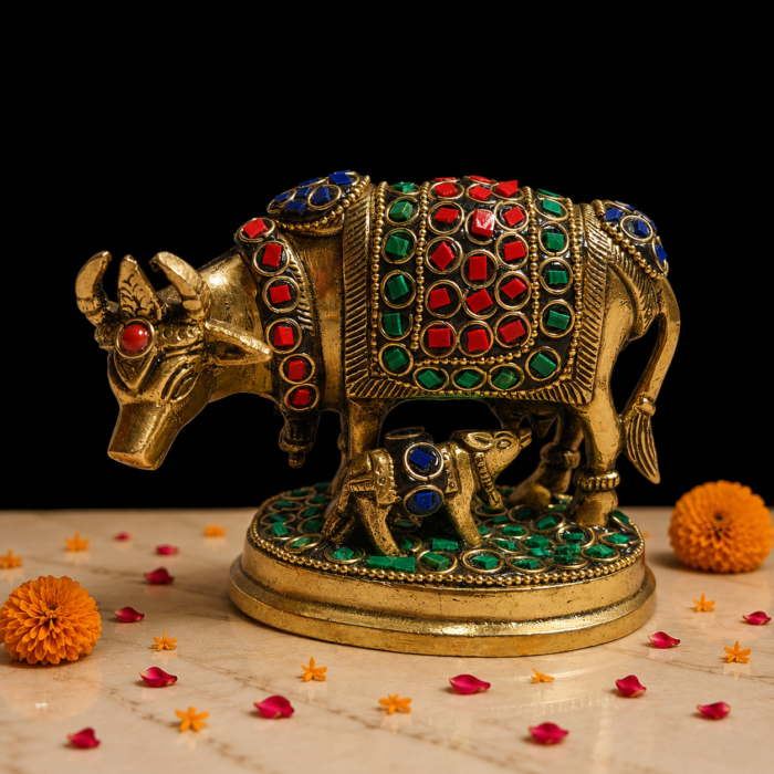 Brass Stone Cow with Floral Design for Home Decor and Gifting