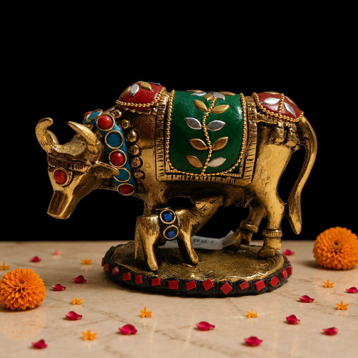 Brass Stone Cow with Floral Design for Home Decor and Gifting