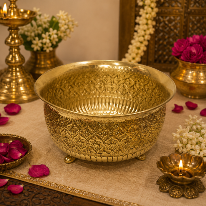Brass carving bowl for fruit serving and traditional home decor